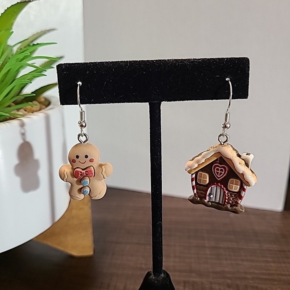 Handmade Gingerbread Man & House‎ Dangle Drop Earrings Ladies NEW Gifts Holidays
